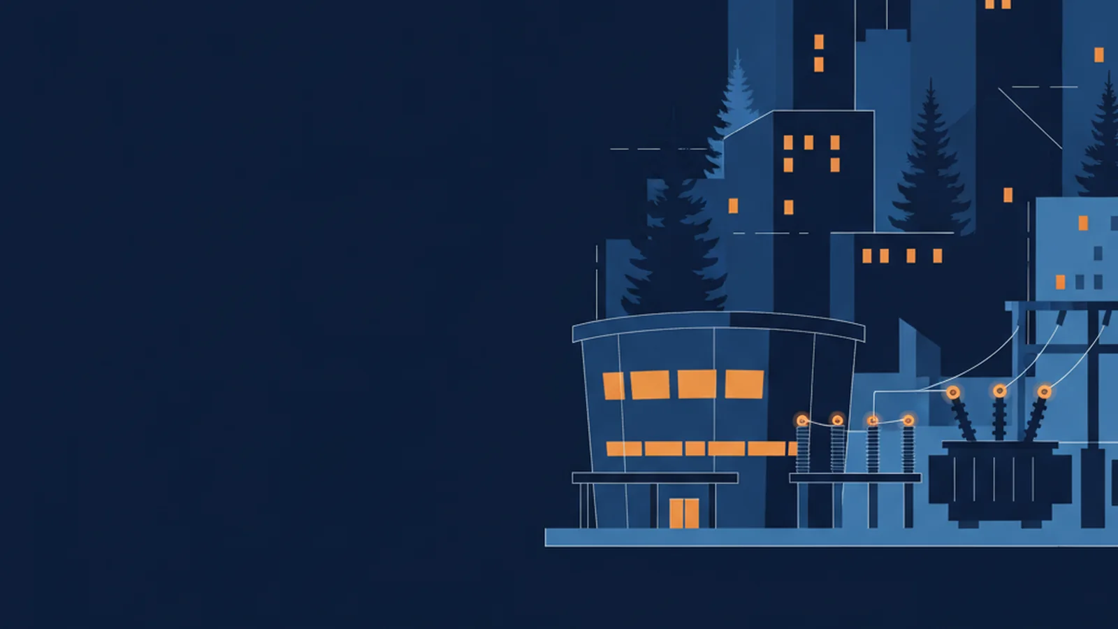 Ilustração do perfil urbano de Curitiba com araucárias, prédios e subestação