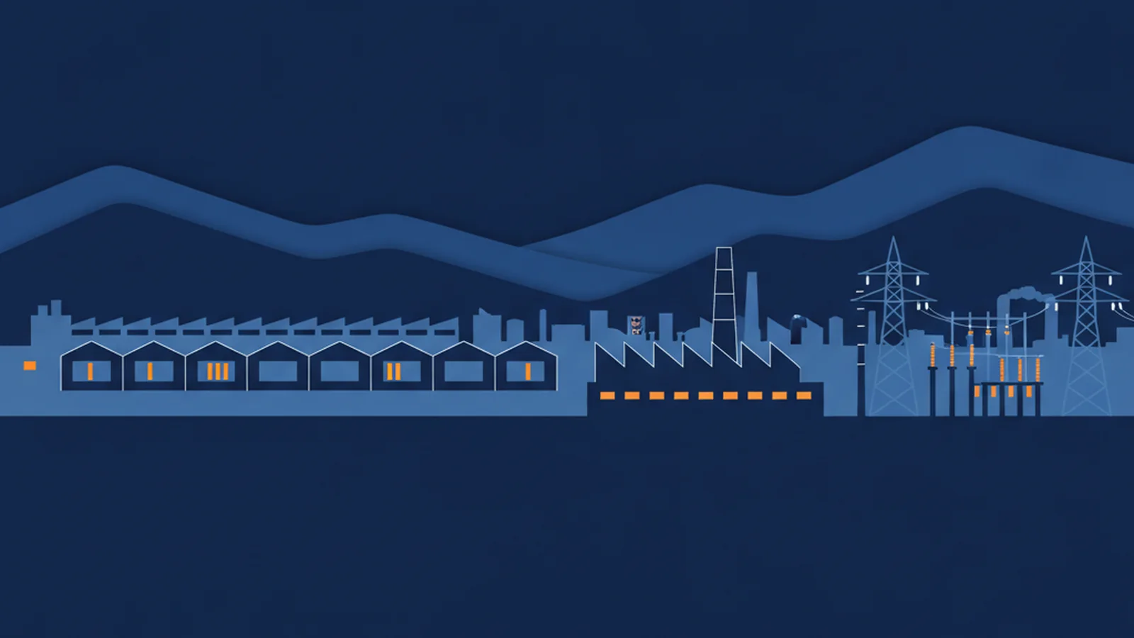 Ilustração industrial de Taubaté com galpões, serra ao fundo e subestação