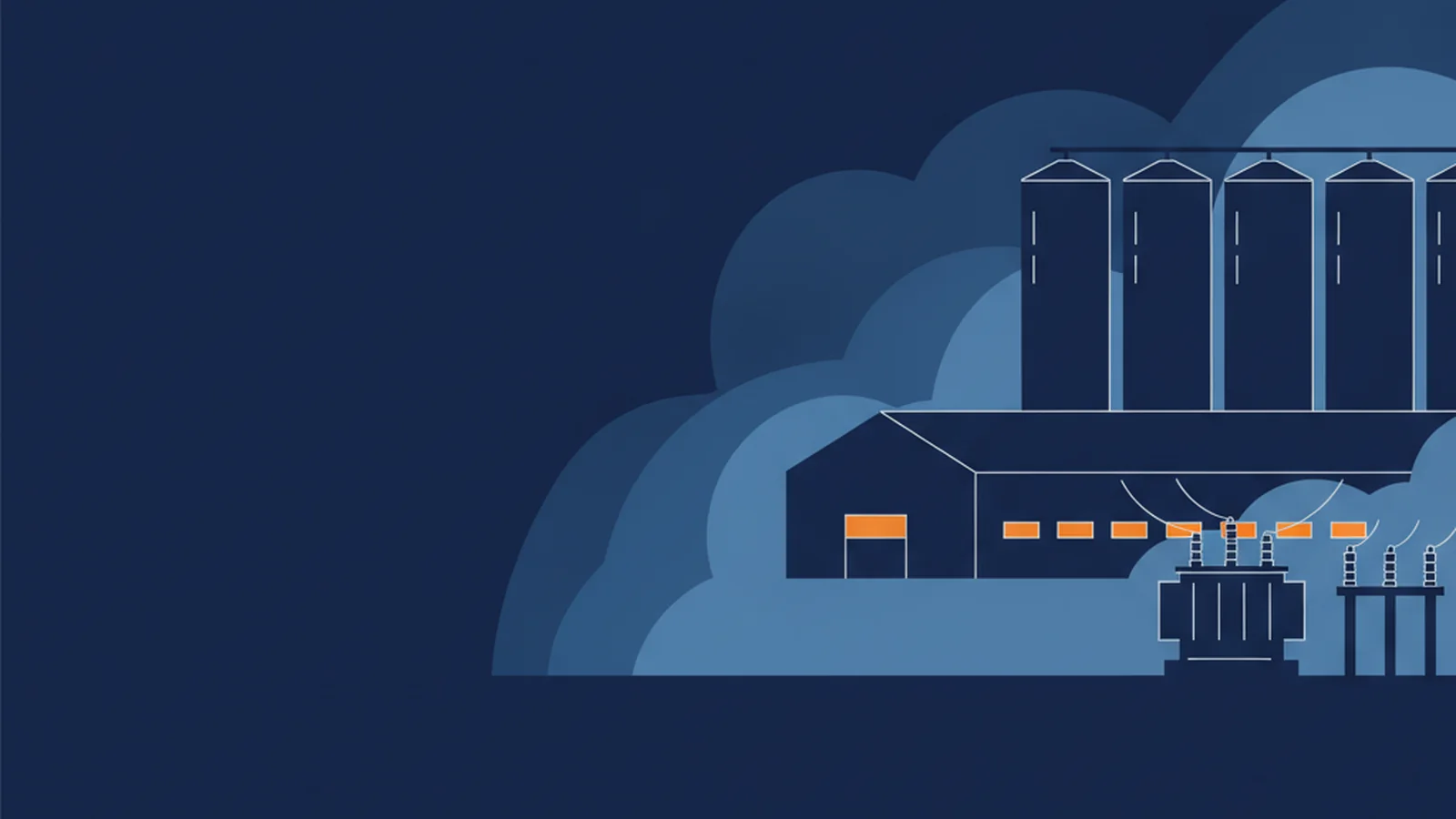Ilustração de Varginha com silos, armazém, morros de café e subestação