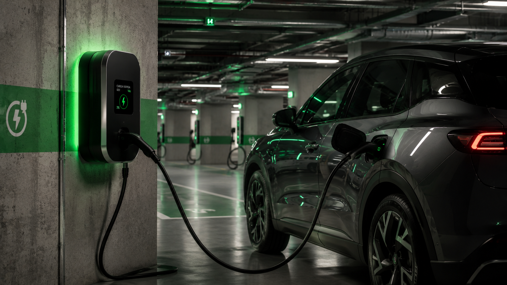 Eletroposto com múltiplas estações de recarga rápida para veículos elétricos