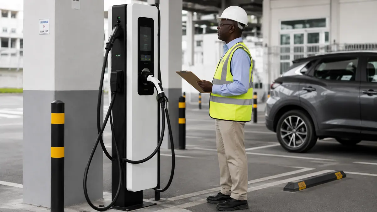 Engenheiro eletricista analisando projeto de instalação de carregador para veículo elétrico