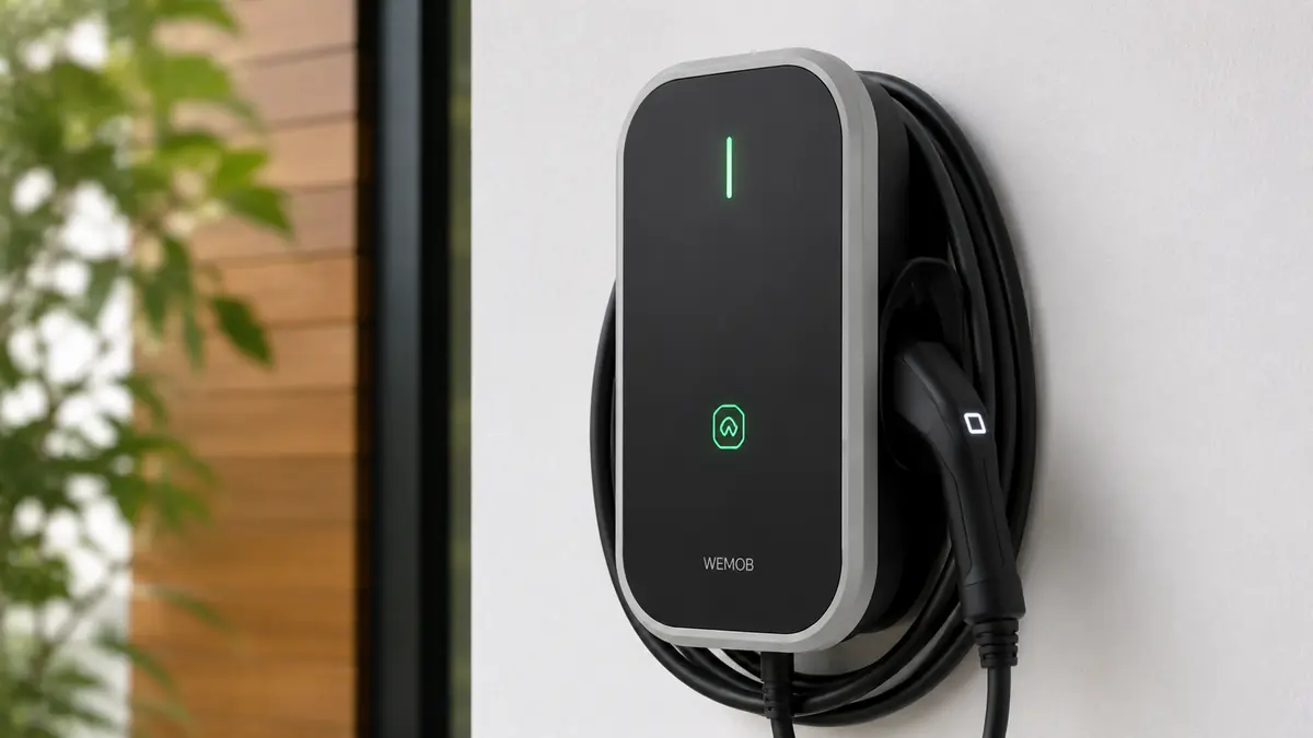 Carregador Wallbox 220 V instalado na parede de garagem residencial